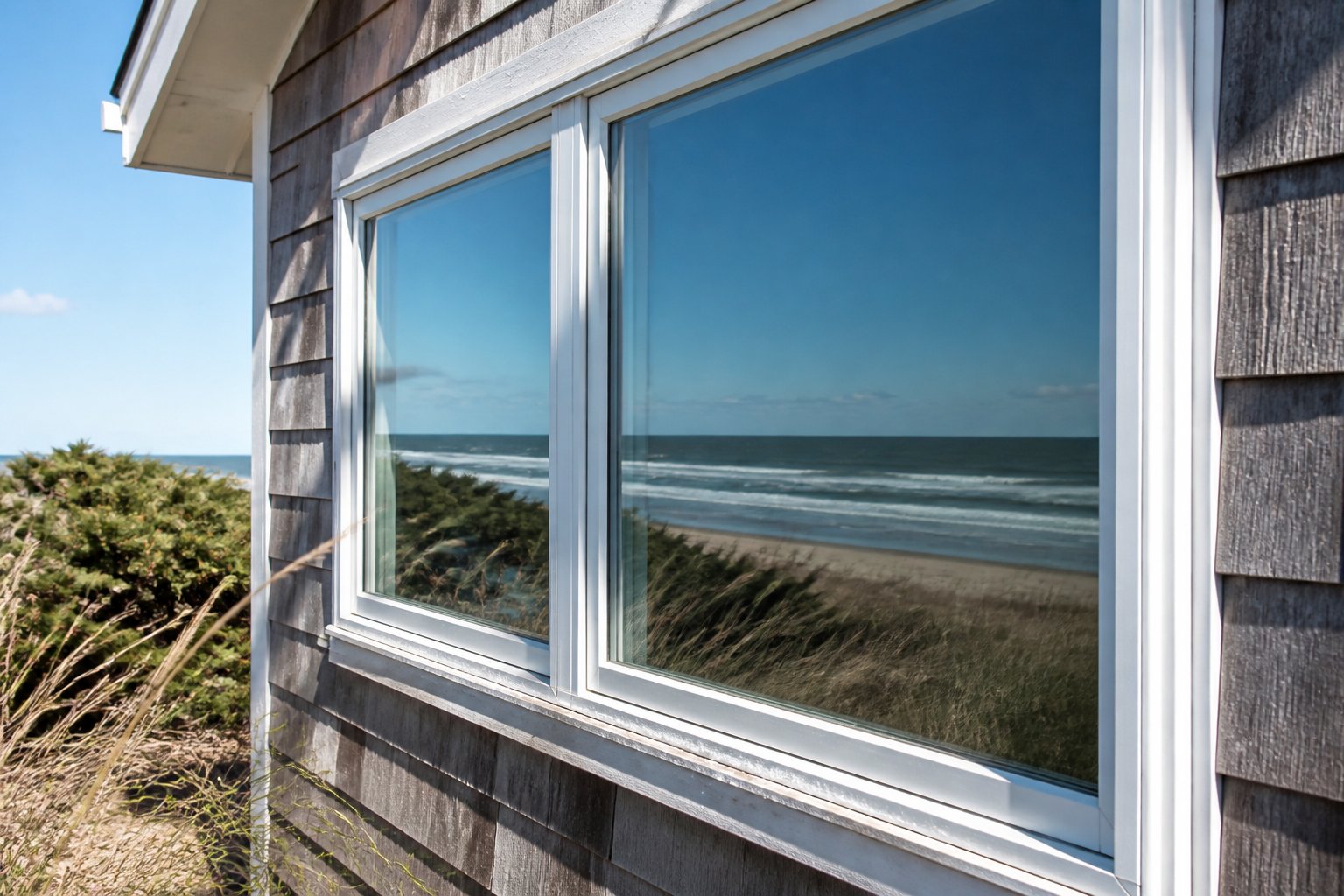 A modern house window overlooking a sunny coastal landscape with ocean waves and sandy dunes in the background.