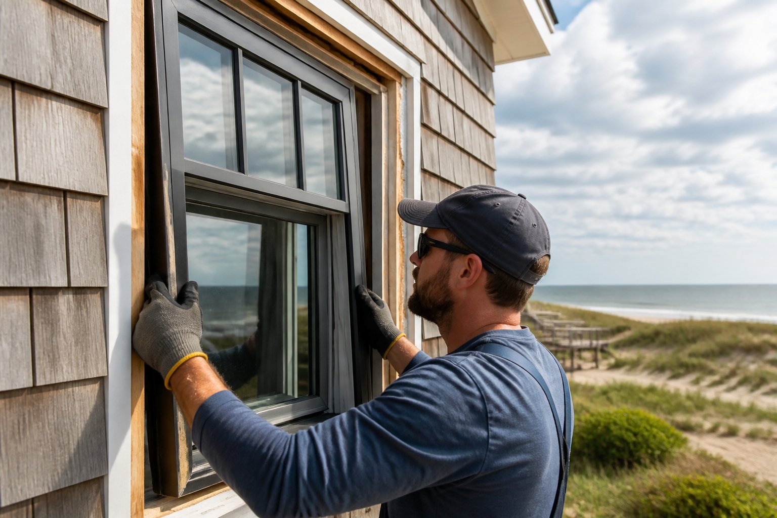 A worker installing a replacement window on a beach house exterior in a coastal setting with sand dunes and vegetation in the background.