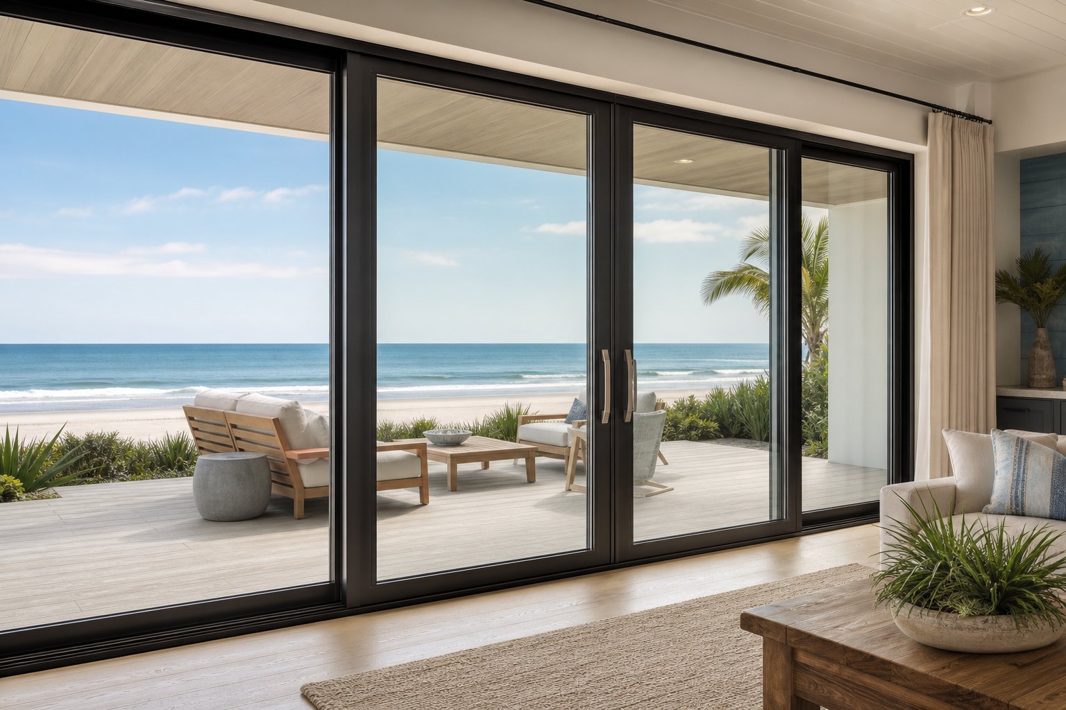 Impact-rated sliding patio doors open onto a seaside terrace at a modern coastal home.
