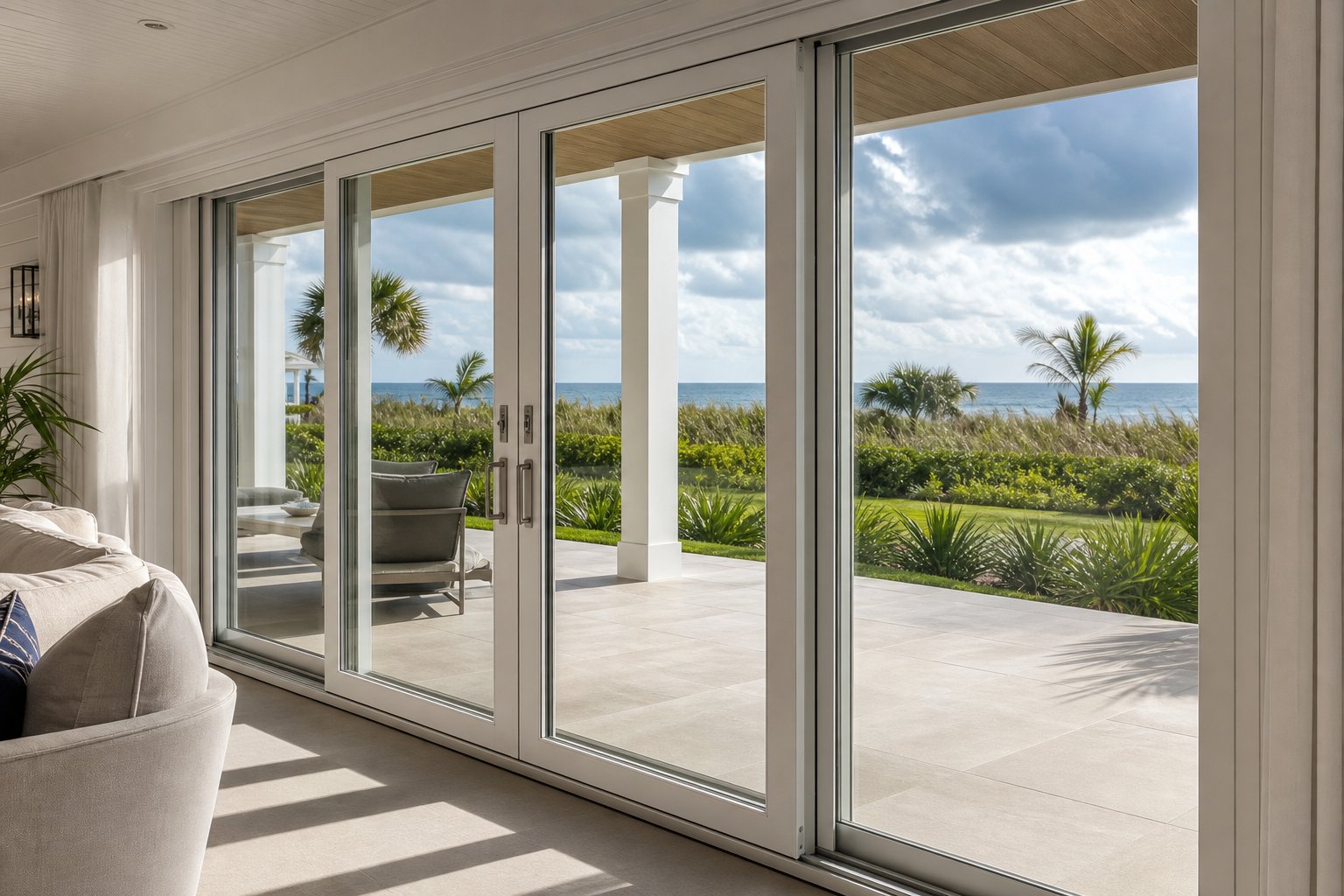 Impact-rated sliding glass patio doors open onto a covered terrace at a modern coastal home.