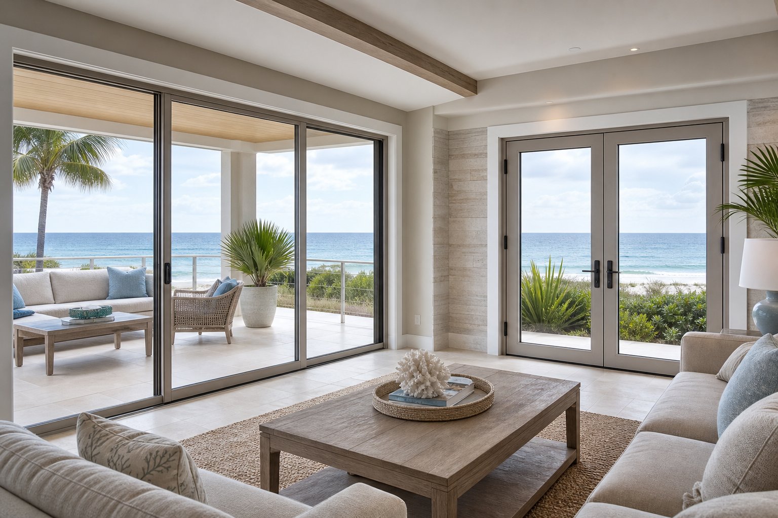 Coastal living room showing sliding and hinged glass patio doors opening toward the ocean.