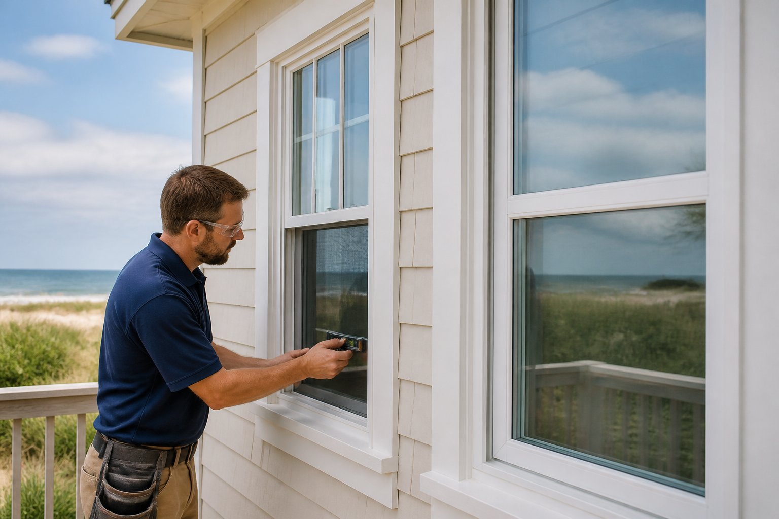 A window technician inspects one window while another newly installed window is visible on a coastal home.