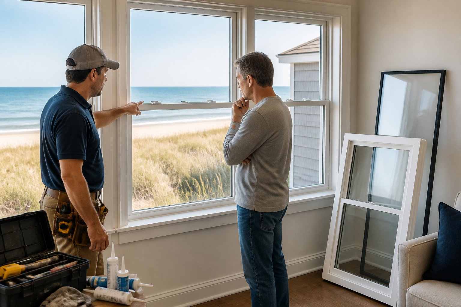 A homeowner and window contractor inspect a damaged window in a coastal home while considering repair or replacement.