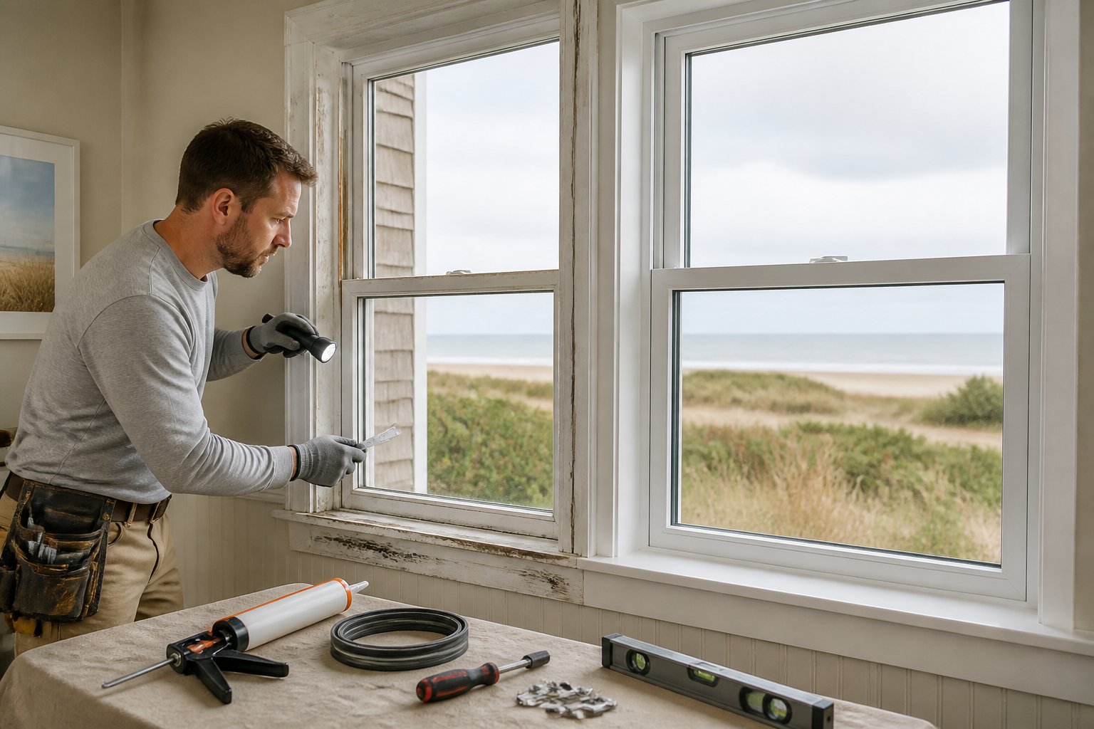 A technician examines a worn coastal home window beside a newly installed replacement window.