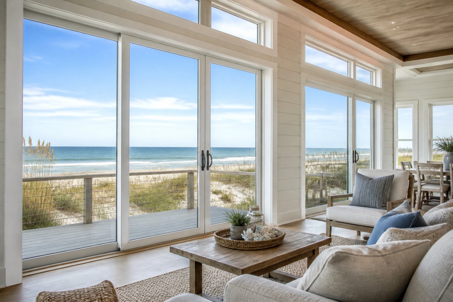 Bright coastal home interior with large windows overlooking Outer Banks dunes and ocean.
