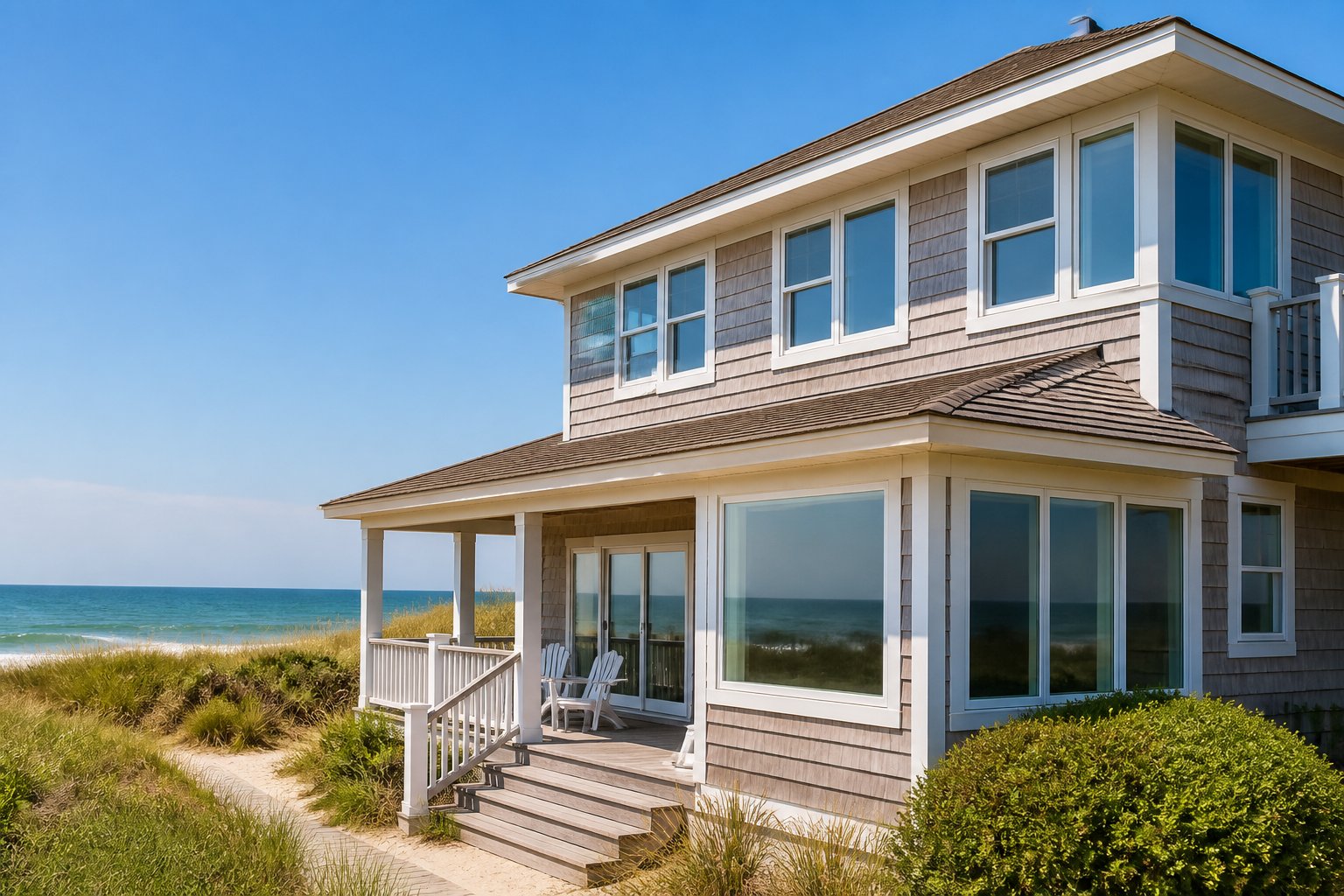 Coastal Outer Banks home with modern windows, dune grasses, and the ocean in the background.