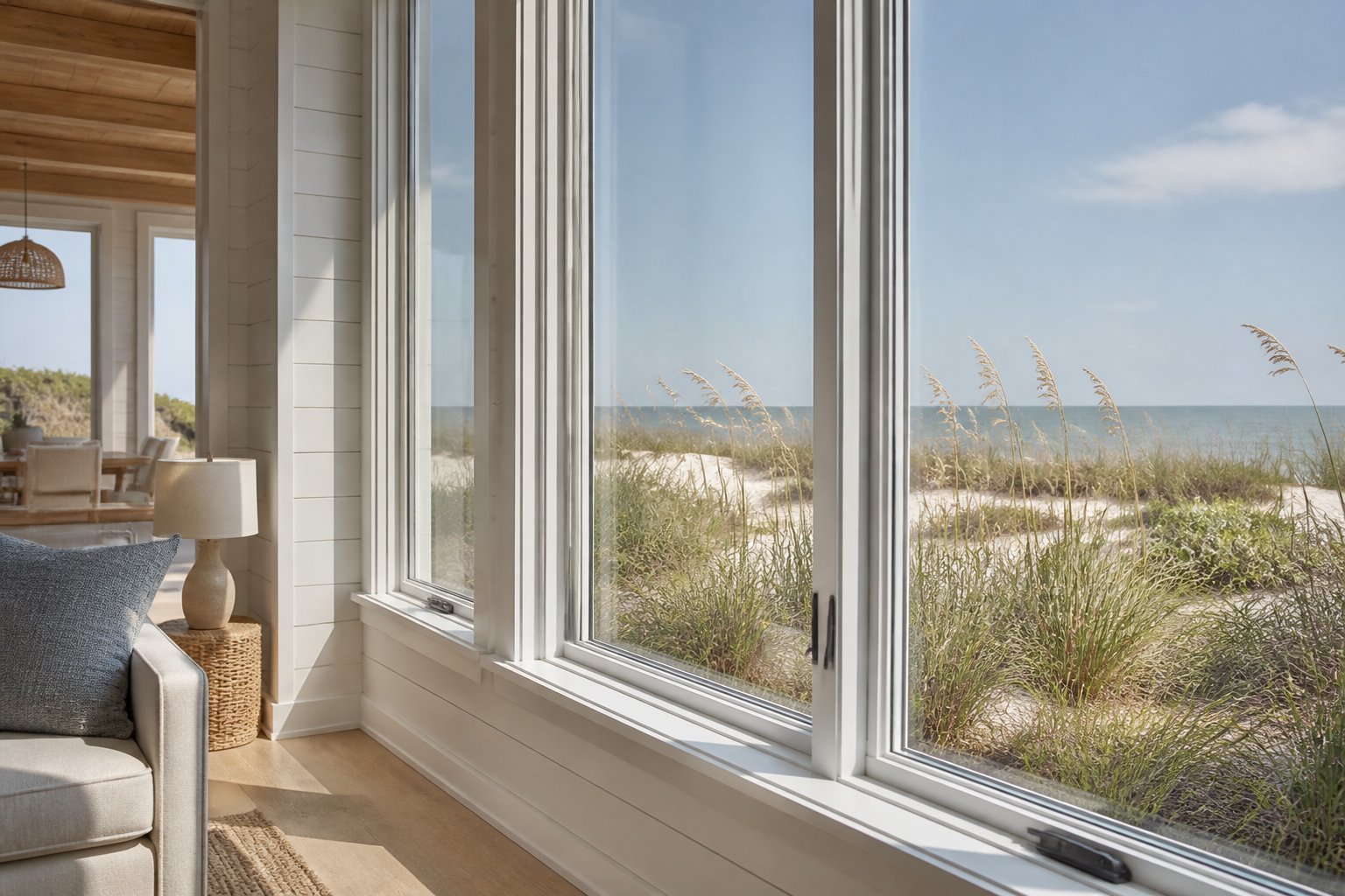 A bright coastal home interior with a durable window overlooking sandy dunes, sea oats, and blue ocean.